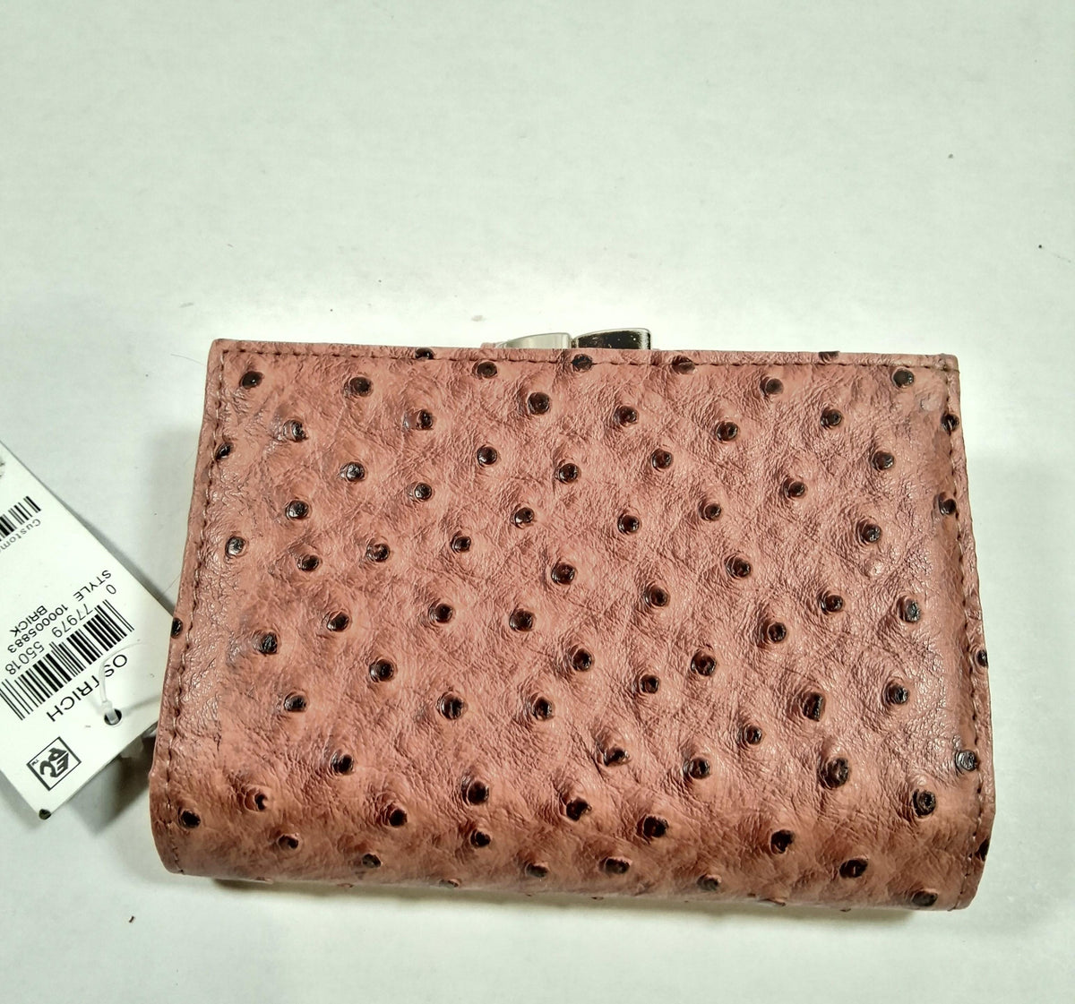 Giani Bernini brick red faux ostrich wallet with snap tab and retail tag, view 5