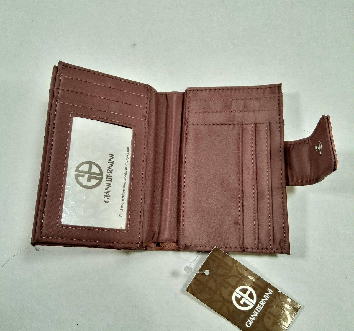 Giani Bernini brick red faux ostrich wallet with snap tab and retail tag, view 6