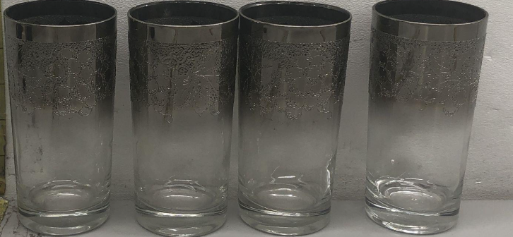 Vintage Mid-Century Silver Fade Highball Glass Set with Caddy & Coasters | 9-Piece Barware Set