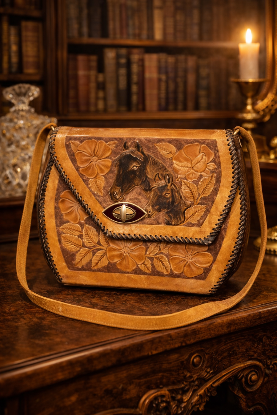 Brown tooled leather crossbody bag with two horse heads and floral carving on the flap