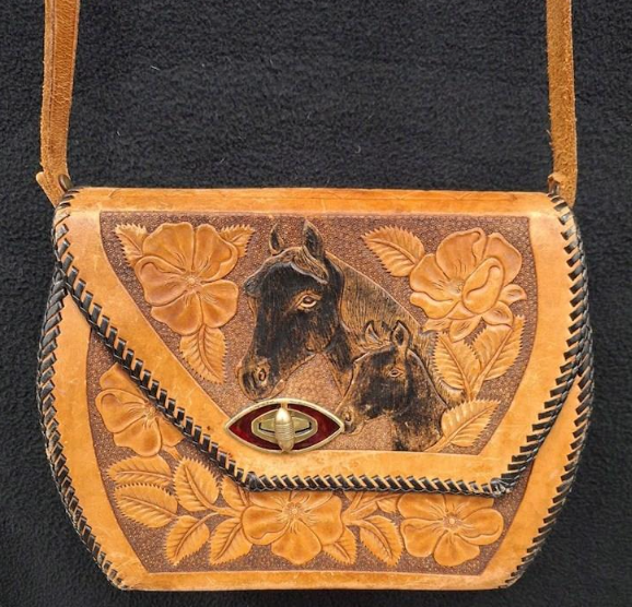Vintage Unbranded Hand-Tooled Leather Horse Crossbody Bag