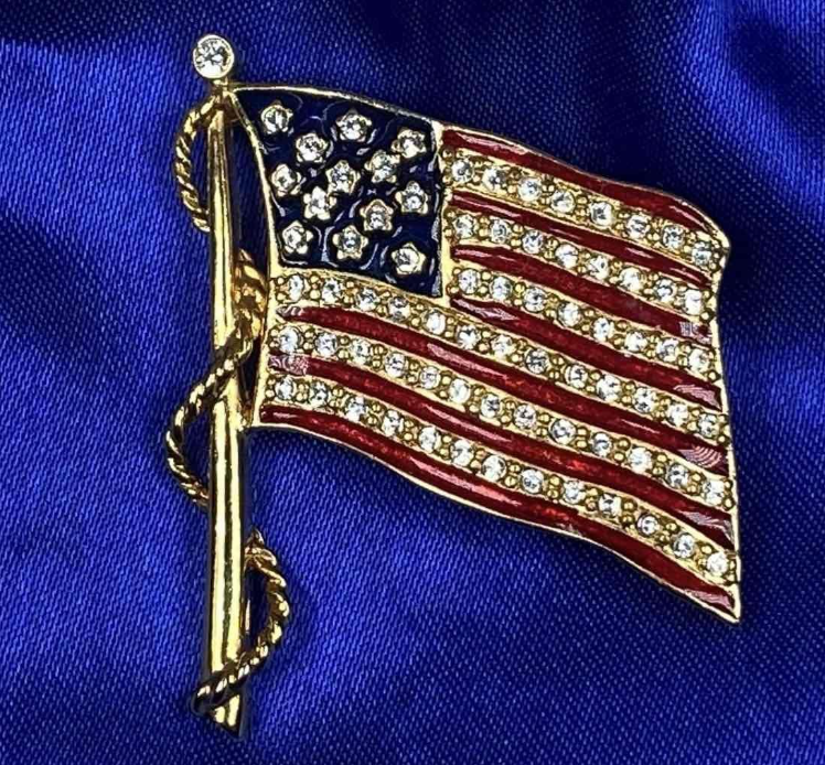 Vintage JBK American Flag Brooch | Camrose & Kross Patriotic Crystal Enamel Pin