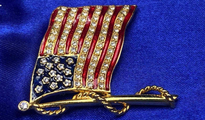 Vintage JBK American Flag Brooch | Camrose & Kross Patriotic Crystal Enamel Pin