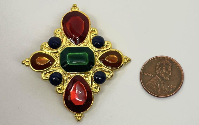 Signed Jay Strongwater gold-tone Maltese cross pendant with red, green, amber and blue stones, view 5