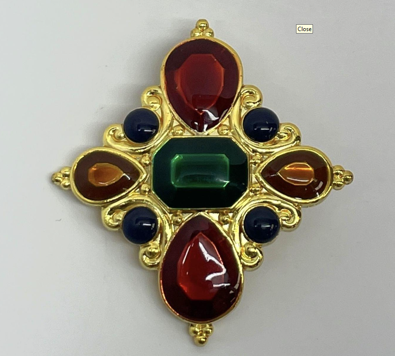 Signed Jay Strongwater gold-tone Maltese cross pendant with red, green, amber and blue stones, view 2