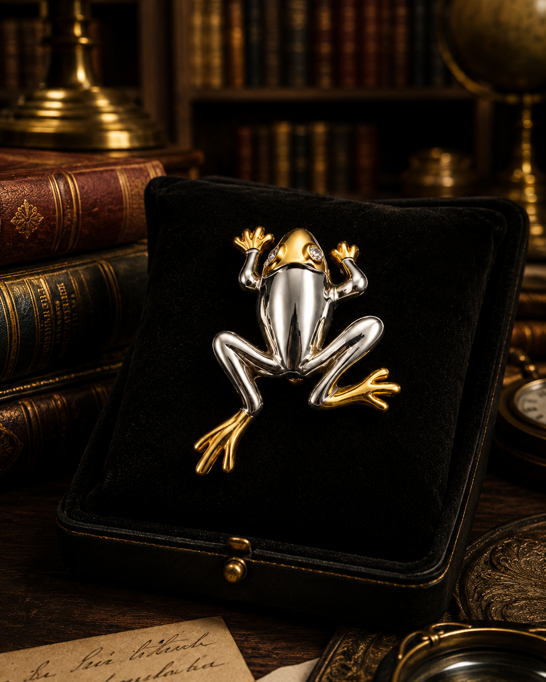 Two-tone frog brooch with silver-tone body and gold-tone crown, hands and feet, view 2