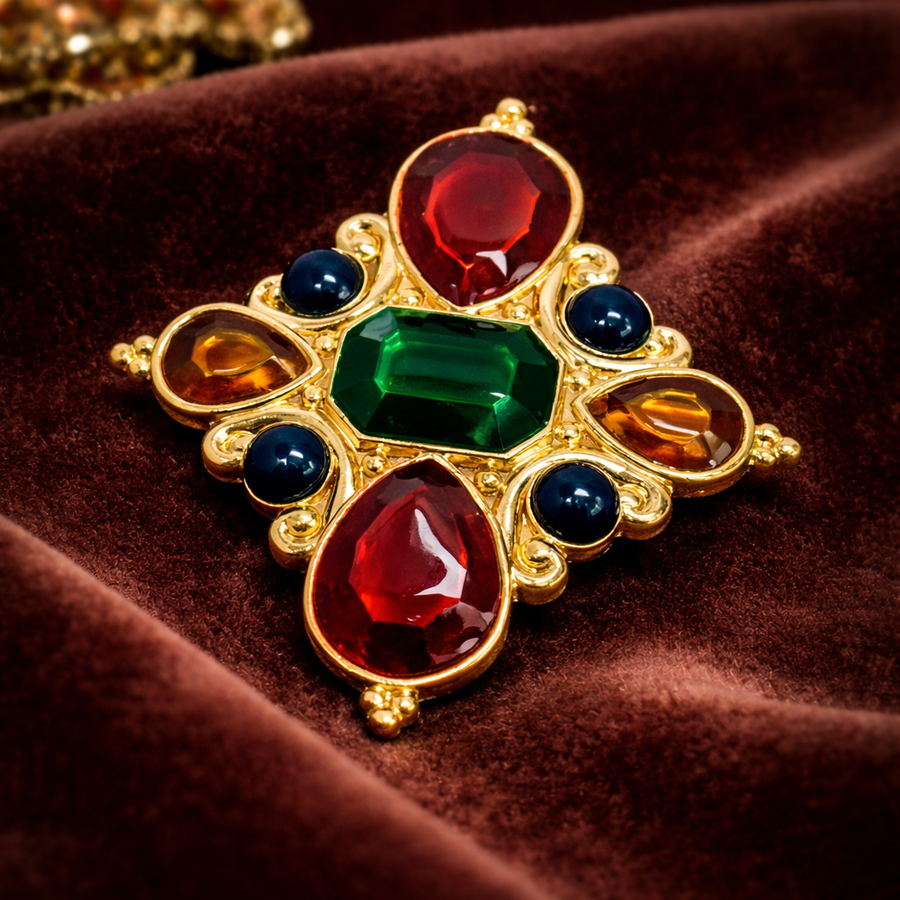 Signed Jay Strongwater gold-tone Maltese cross pendant with red, green, amber and blue stones
