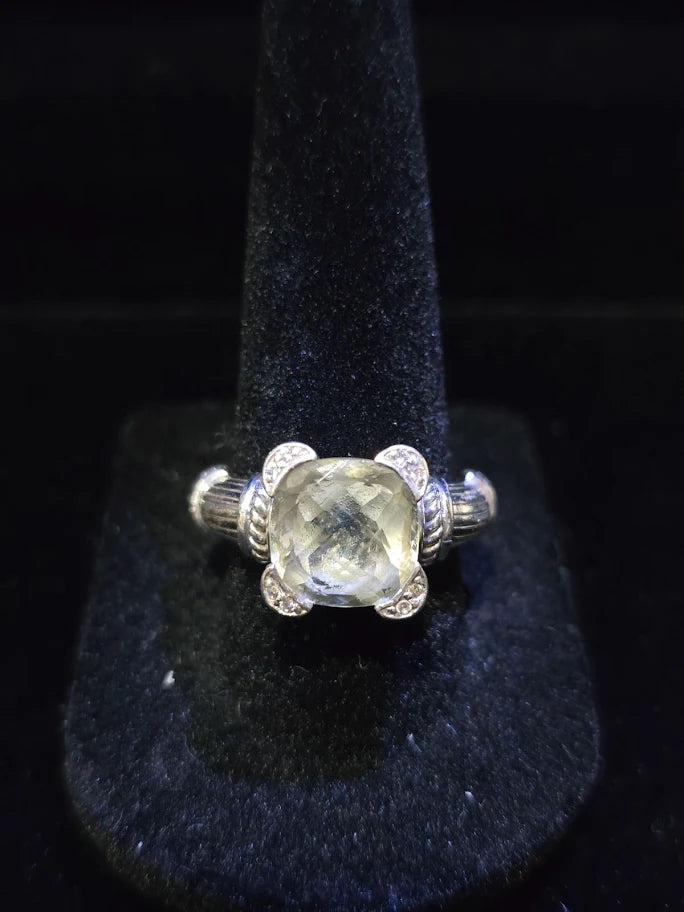 Judith Ripka Sterling Silver Prasiolite Statement Ring with Textured Band, Designer Gemstone Ring