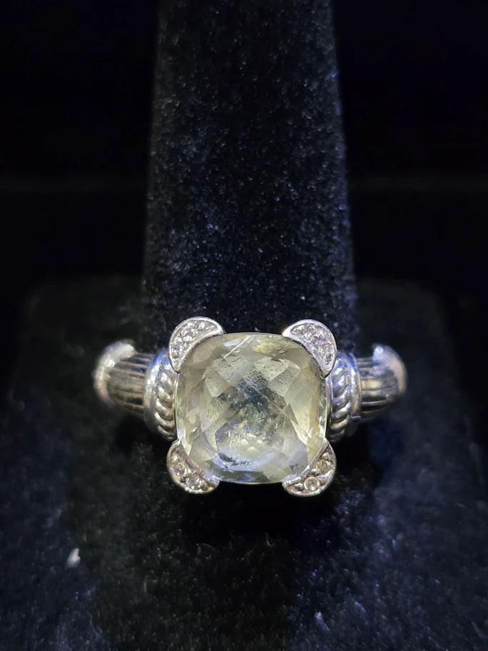 Judith Ripka Sterling Silver Prasiolite Statement Ring with Textured Band, Designer Gemstone Ring