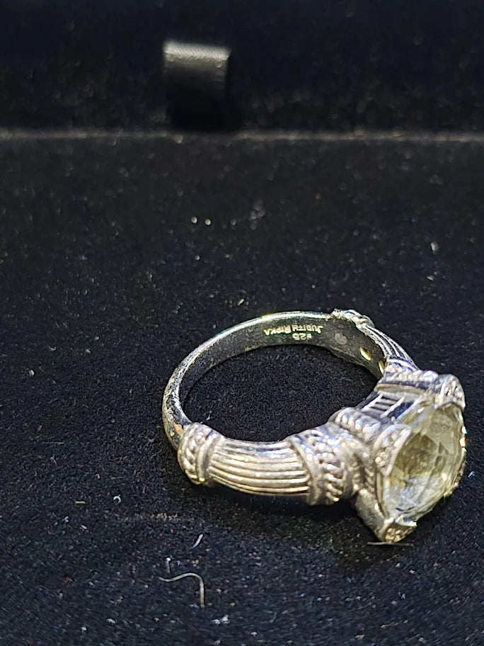 Judith Ripka Sterling Silver Prasiolite Statement Ring with Textured Band, Designer Gemstone Ring