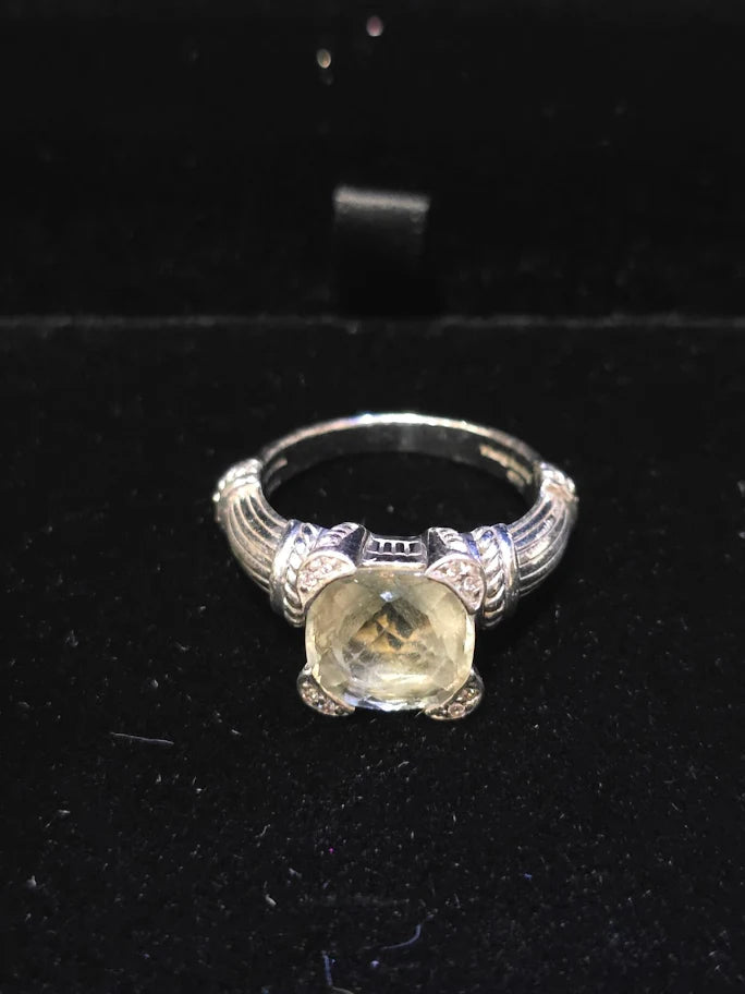 Judith Ripka Sterling Silver Prasiolite Statement Ring with Textured Band, Designer Gemstone Ring