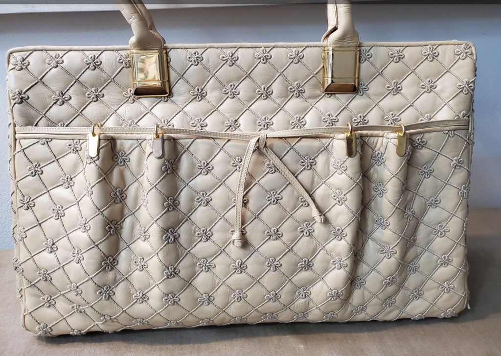 Vintage Judith Leiber Beige Quilted Tote | Retired Bow Detail Top Handle Handbag