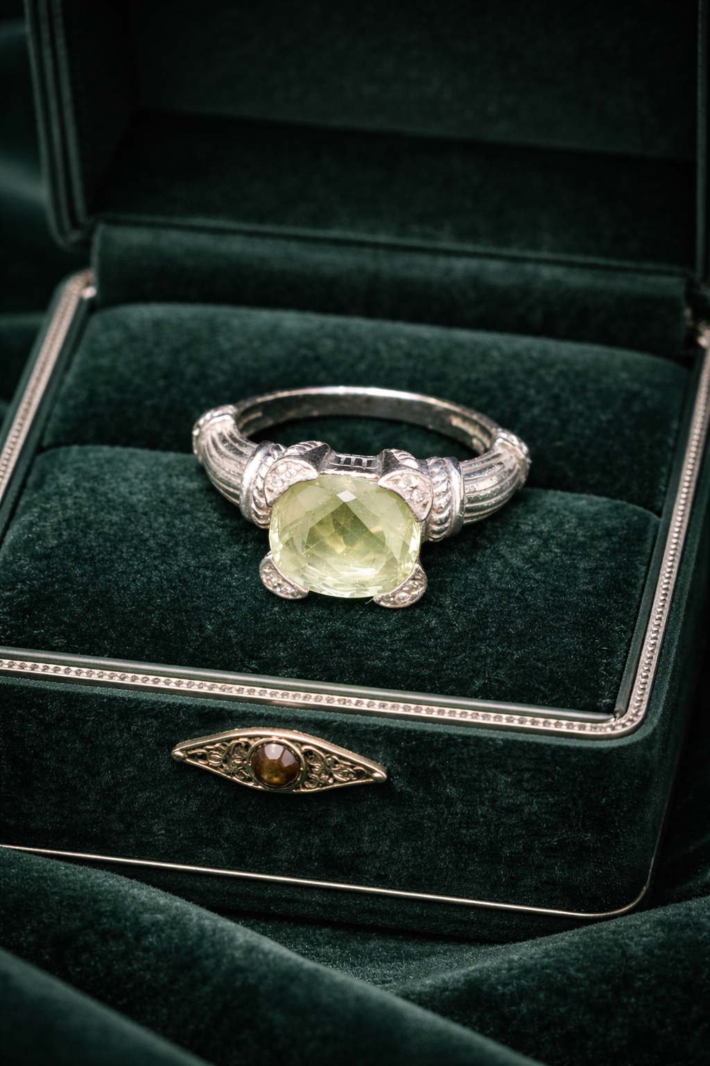 Judith Ripka Sterling Silver Prasiolite Statement Ring with Textured Band, Designer Gemstone Ring