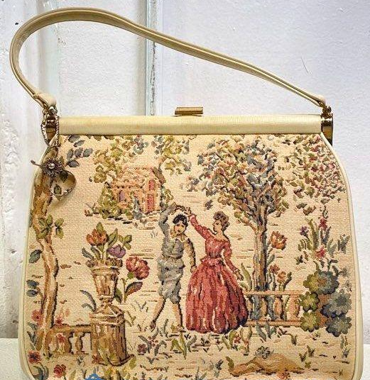Multicolor scenic tapestry top handle handbag with frame closure and matching coin purse, view 2