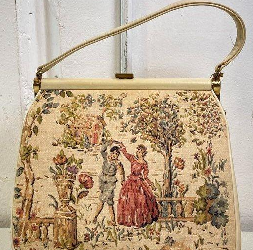 Multicolor scenic tapestry top handle handbag with frame closure and matching coin purse, view 6