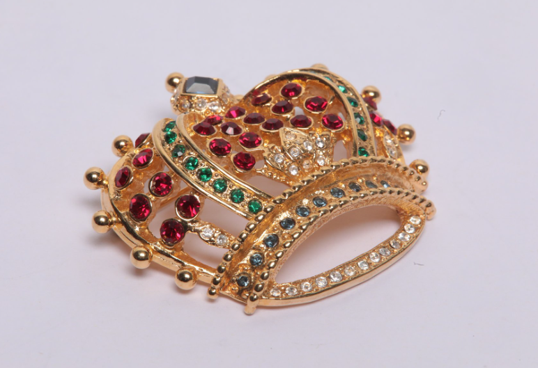 Vintage Kenneth J. Lane Multicolor Crown Brooch with Crystal & Cabochon Stones