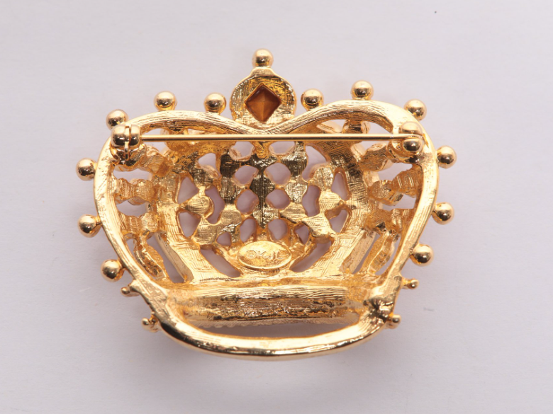 Vintage Kenneth J. Lane Multicolor Crown Brooch with Crystal & Cabochon Stones