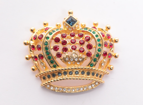 (SOLD) Vintage Kenneth J. Lane Multicolor Crown Brooch with Crystal and Cabochon Stones