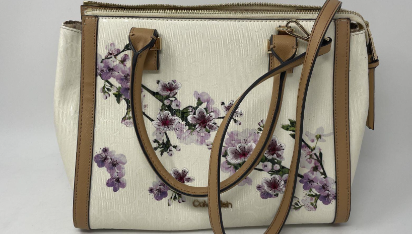 Calvin Klein Beige Floral Print Satchel Crossbody Bag Logo Canvas Tan Trim