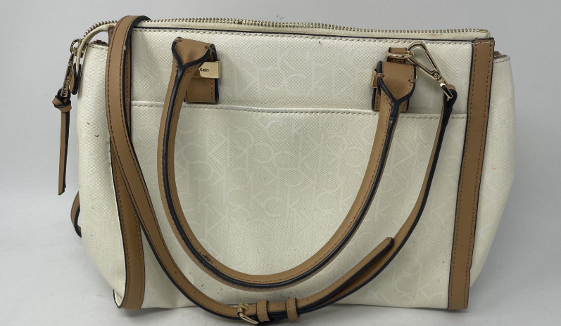 Calvin Klein Beige Floral Print Satchel Crossbody Bag Logo Canvas Tan Trim