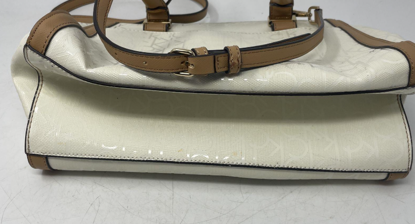 Calvin Klein Beige Floral Print Satchel Crossbody Bag Logo Canvas Tan Trim