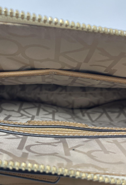 Calvin Klein Beige Floral Print Satchel Crossbody Bag Logo Canvas Tan Trim