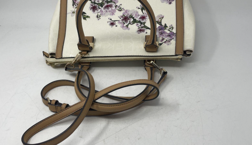 Calvin Klein Beige Floral Print Satchel Crossbody Bag Logo Canvas Tan Trim