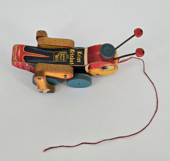 Fisher-Price “Kris Kricket” Pull Toy No. 2528 — Mid-Century Wooden Mechanical Grasshopper