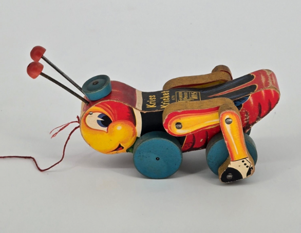Fisher-Price “Kris Kricket” Pull Toy No. 2528 — Mid-Century Wooden Mechanical Grasshopper