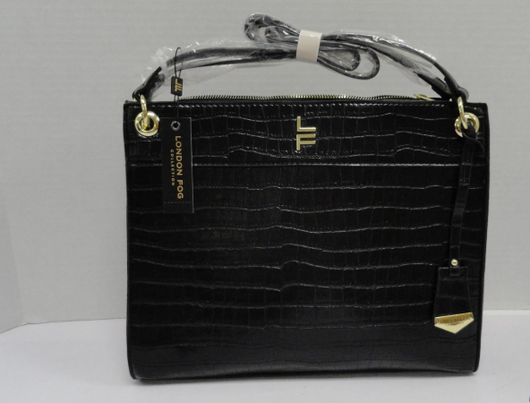 London Fog Brielle Black Faux Crocodile Embossed Satchel Top Handle Bag Structured Gold Hardware