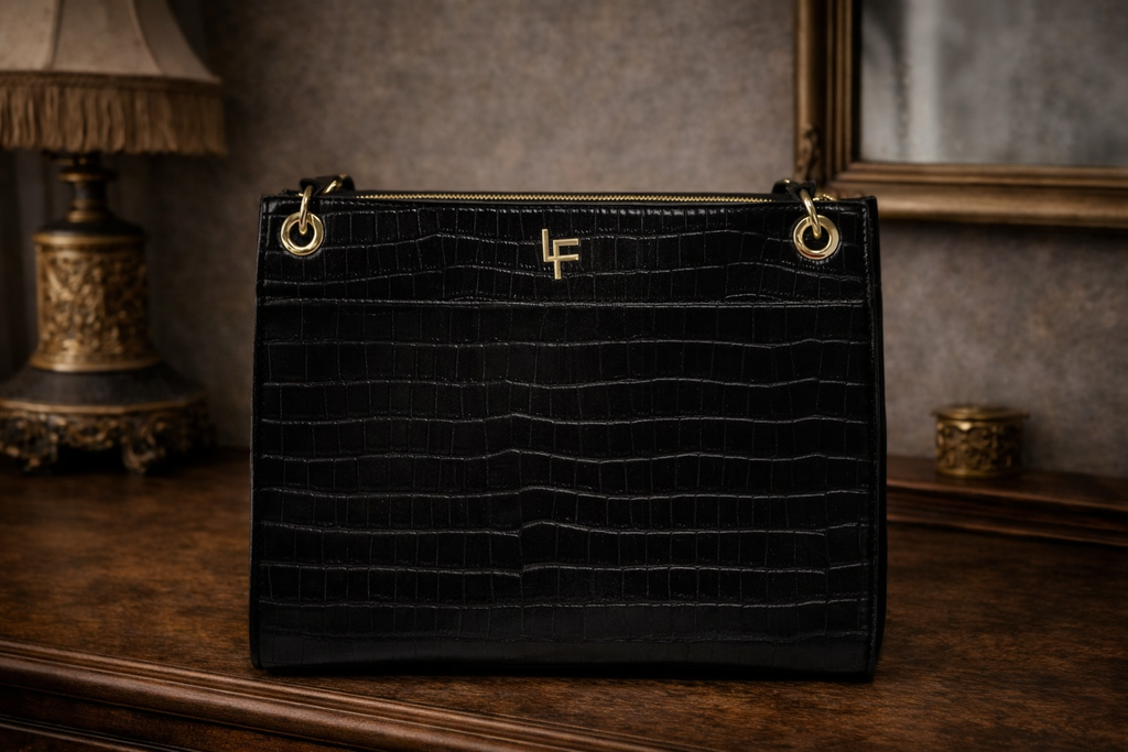 London Fog Brielle Black Faux Crocodile Embossed Satchel Top Handle Bag Structured Gold Hardware