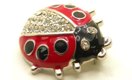 Silver-tone ladybug brooch with red and black enamel and rhinestone wing cover, view 3