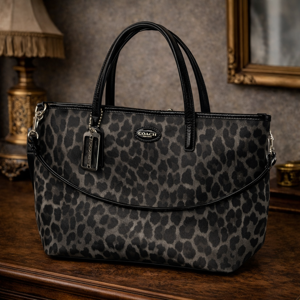 (SOLD) Coach Leopard Print Tote Black Gray Patent Trim Shoulder Bag Animal Print Statement