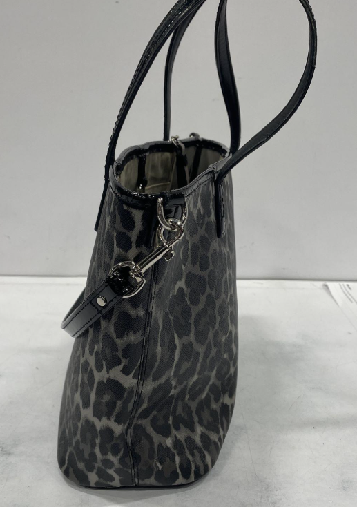 (SOLD) Coach Leopard Print Tote Black Gray Patent Trim Shoulder Bag Animal Print Statement