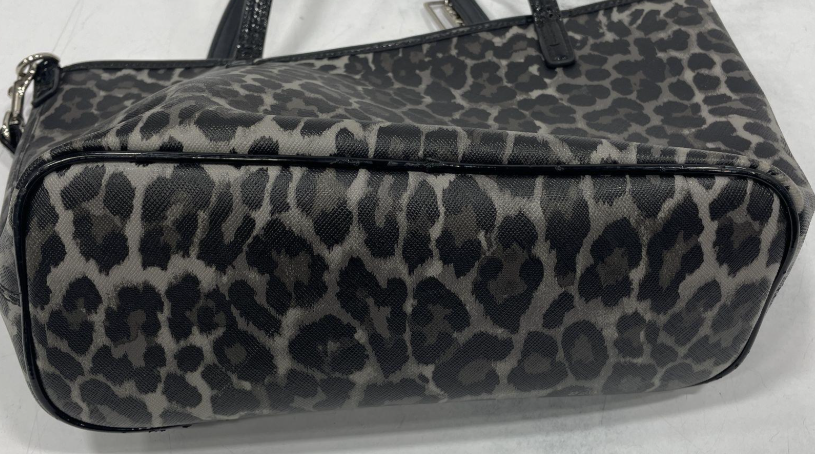 (SOLD) Coach Leopard Print Tote Black Gray Patent Trim Shoulder Bag Animal Print Statement