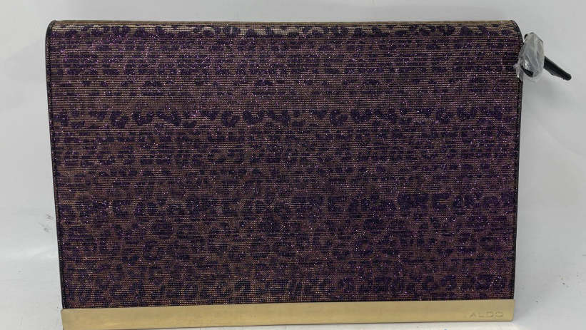 Black clutch with purple leopard print glitter flap, gold-tone frame base and shoulder strap, view 2