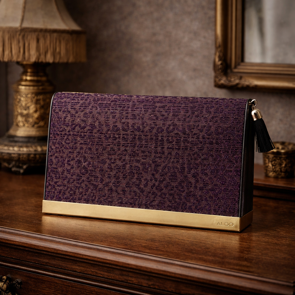 Black clutch with purple leopard print glitter flap, gold-tone frame base and shoulder strap