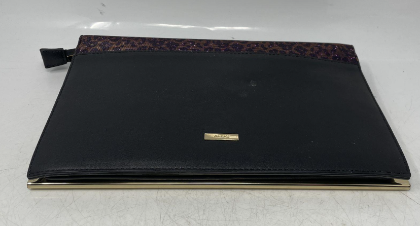 Black clutch with purple leopard print glitter flap, gold-tone frame base and shoulder strap, view 3