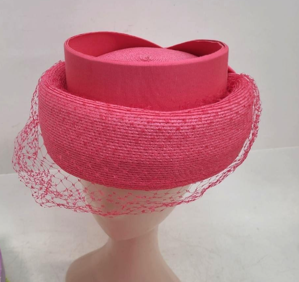 Linda Ferrell New York Pink Straw Hat and Glove Set | Vintage Occasion Hat with Veil Detail