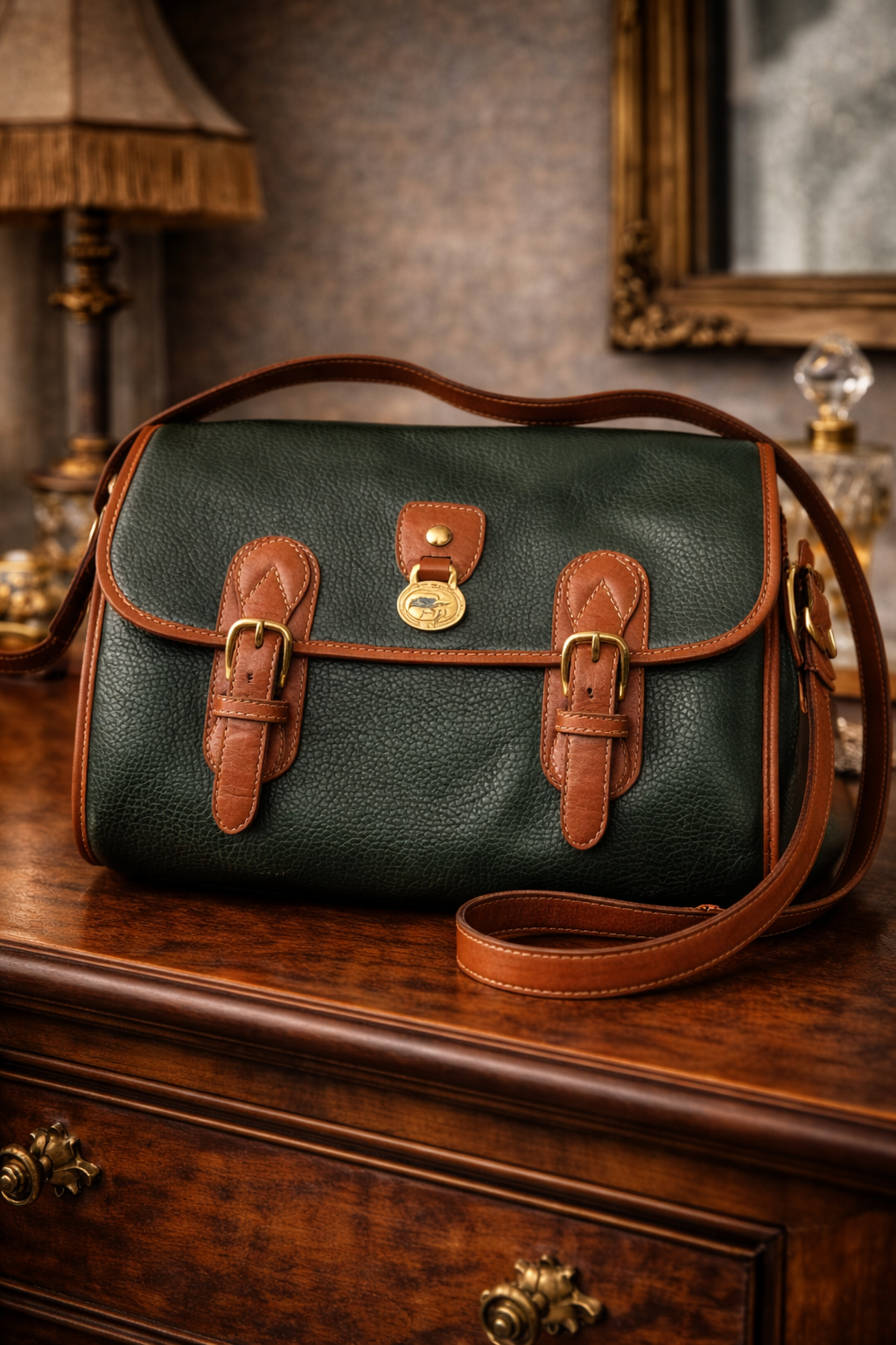 Loisir Dauphin Green & Tan All Weather Leather Crossbody Shoulder Bag Vintage Medium