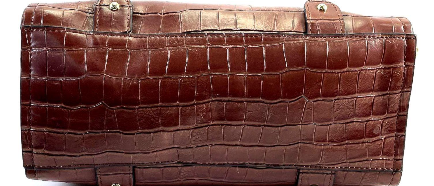 London Fog brown croc-embossed faux leather satchel with shoulder strap, view 7