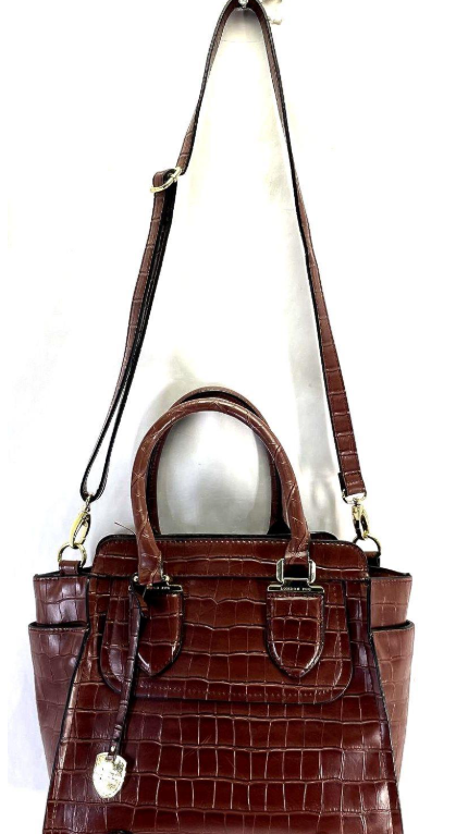 London Fog Brown Croc Embossed Faux Leather Satchel Handbag with Shoulder Strap | Structured Classic Carryall