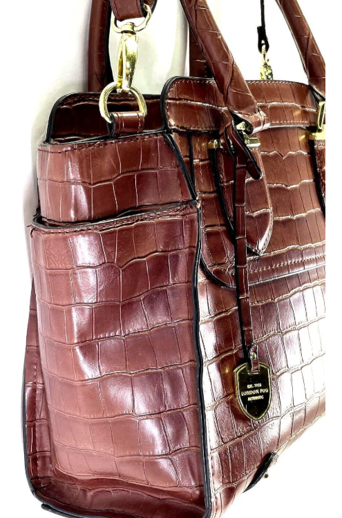 London Fog Brown Croc Embossed Faux Leather Satchel Handbag with Shoulder Strap | Structured Classic Carryall