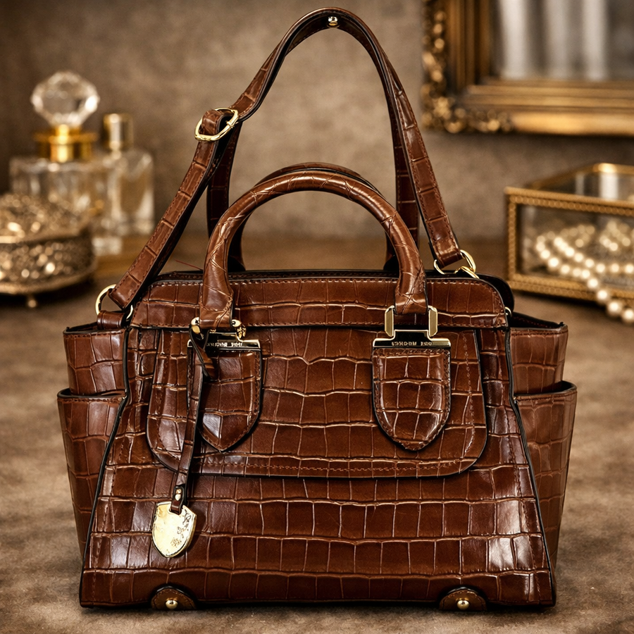 London Fog brown croc-embossed faux leather satchel with shoulder strap