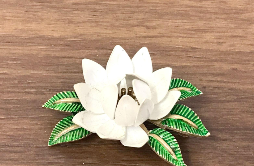Crown Trifari white enamel lotus flower brooch with gold-tone leaves, view 2