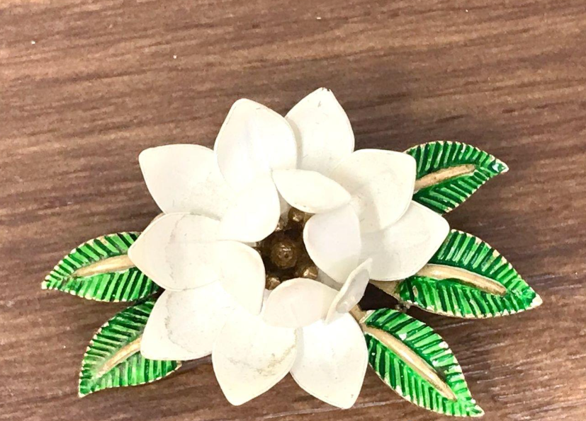 Vintage Crown Trifari White Enamel Lotus Flower Brooch | Gold Tone Floral Designer Pin