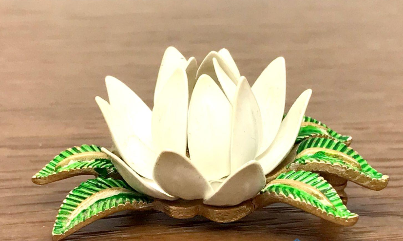 Crown Trifari white enamel lotus flower brooch with gold-tone leaves, view 4