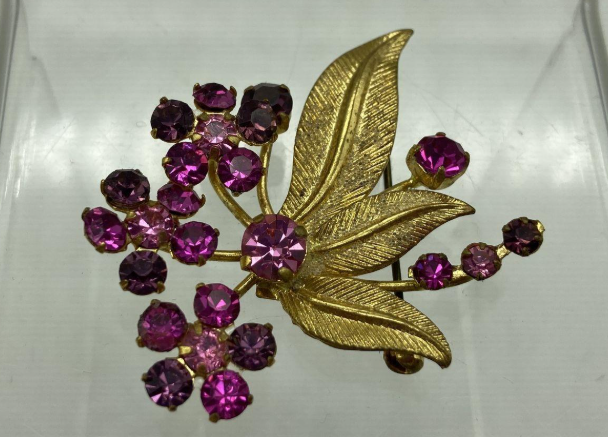 Made in Austria gold-tone flower brooch with pink rhinestones, view 2
