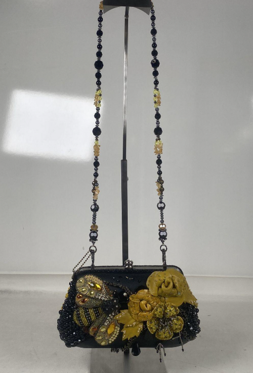 (SOLD) Mary Frances Retired Beaded Bee & Floral Embellished Frame Clutch | Black Yellow Statement Evening Bag