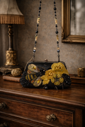 (SOLD) Mary Frances Retired Beaded Bee & Floral Embellished Frame Clutch | Black Yellow Statement Evening Bag